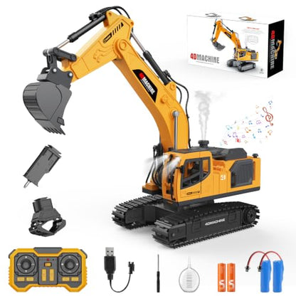 Remote Control Excavator Toy for Boys, 3-in-1 RC Excavator with Alloy Bucket, Breaker & Grapple, Construction Vehicle Toys with Lights & Sounds, 2×1200mAh Batteries, Birthday Gift for Kids 8-12 - size: 1:18 Scale