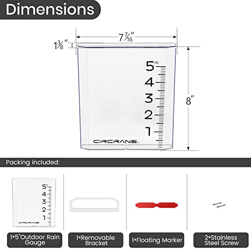 Circrane 5-Inch Waterfall Rain Gauge, Easy Read Outdoor Rain Gauge for Garden, Deck, Lawn and Yard, with Weather Resistant Bracket & Stainless Steel Screws, Clear