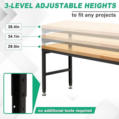 HABUTWAY Height Adjustable Workbench, 60"x20" 2000 Lbs Capacity Solid Wood Work Station Heavy-Duty, with Power Outlets, for Garage Party Shop Office - size: 60"x20"x38.4"
