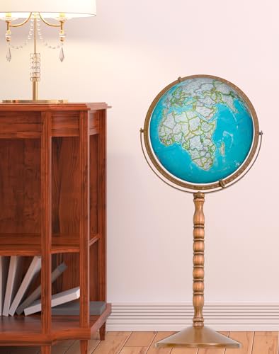 Treasury 12" Diameter Blue Illuminated Globe, USA Cartography, Convertible to Desktop with Sturdy Metal Base and Hand Turned Hard Wood Stand.This economical 12” floor model stands 32” high on a durable metal base and attractive wooden pedestal. Easily con