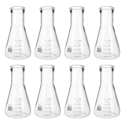PATIKIL Erlenmeyer Flask, 8Pcs 100ml 3oz Narrow Mouth Graduated Flasks Borosilicate Glass with Printed Graduation for Lab Experiment Chemistry Science Study - size: 100ml/3oz
