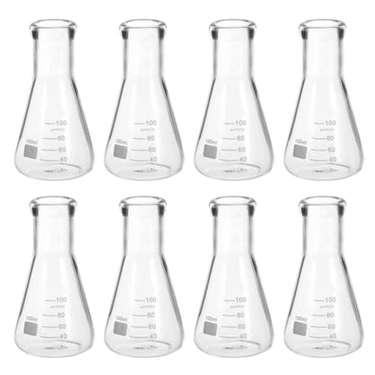 PATIKIL Erlenmeyer Flask, 8Pcs 100ml 3oz Narrow Mouth Graduated Flasks Borosilicate Glass with Printed Graduation for Lab Experiment Chemistry Science Study - size: 100ml/3oz