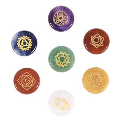 Justinstones Natural Gemstones for Meditation, Reiki, Energy Balancing & Spiritual Wellness – Engraved Chakra Symbols –7 Chakra Crystal Healing Stones Round Coin Disc Set - style: Round Coin Disc