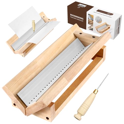 Bookbinding Punching Cradle with Aluminum Piercing Guide, with a Wooden-Handled Awl, Signature Punching Tool Set for Bookbinding Kit, for Book DIY Crafts, Polished Smooth Surface, Easy to Use Guide