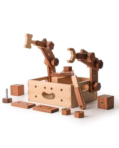 Kids Tool Set | Wooden Toy Building Blocks with Construction Tool Kit | Wood Blocks Nuts Bolts Hammer Screwdriver in a Box (32 pcs) for Boys & Girls