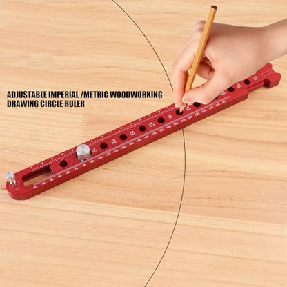 Woodworking Compass Scriber, Dual-Scale Alloy Circle Drawing Ruler, Red Scriber Tool for Woodworking, Metric/Imperial Adjustable Compass Tool for Carpenters and Craftsmen