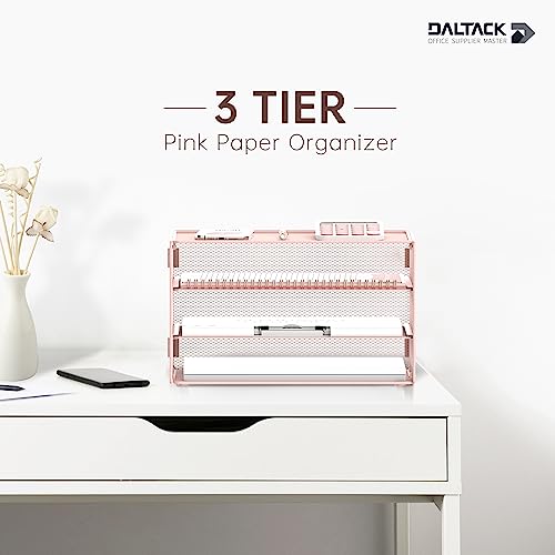 DALTACK 3 Tier Letter Tray Paper Organizer with Sliding Mesh Trays Pink - color: Pink