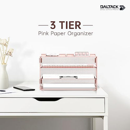 DALTACK 3 Tier Letter Tray Paper Organizer with Sliding Mesh Trays Pink - color: Pink