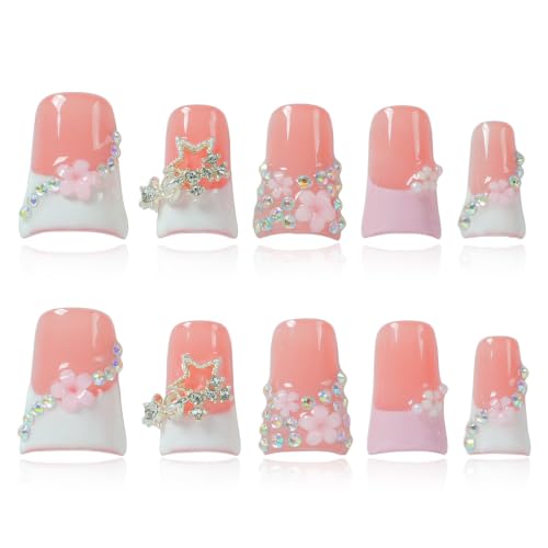 Cute Pink Press on Nails Short Duck Cherry Blossom, Size S - color: Cherry Blossom Whisper, size: S