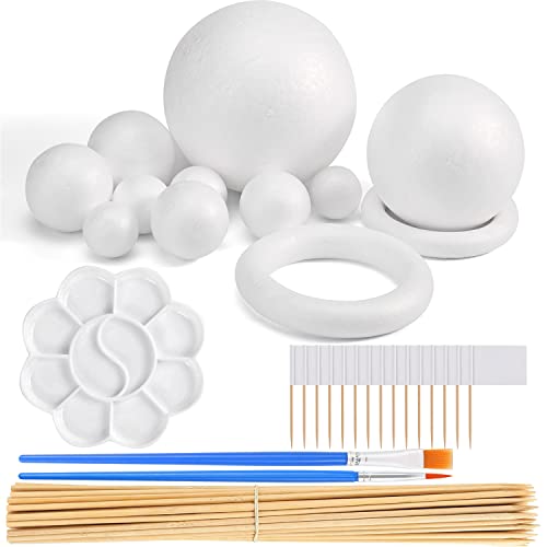 47PCS Solar System Model Foam Ball Kit Includes 10 Sizes Polystyrene Spheres Balls, Bamboo Sticks, Blank Toothpick Flags, Brushes, Paint Tray Palette for School Science Projects - size: 47 pieces