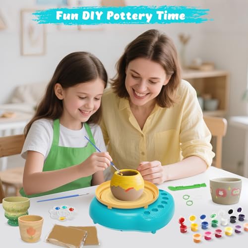 Pottery Wheel for Kids with Air Dry Clay Kit, 12 Paints & Tools, Ages 6-12 - color: yellow/cyan