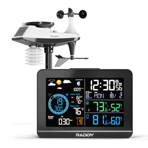 Raddy UV-6 Professional Weather Station with 6" VA Display and Outdoor Sensor, Wireless Indoor Outdoor Temperature & Humidity Monitor, Atomic Clock, UV & Light Index, Wind Speed, Rain Gauge