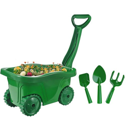 Kids Gardening Tools with Outdoor Yard Wheelbarrow Set Toys, Ages 3+ - color: Green-4pcs