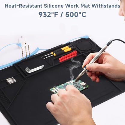 Silicone Soldering Mat with Soldering Stand, 20x14 Inch ESD Anti Static & 932°F Heat Resistant Workbench Mat for Electronics Repair, PCB, Phone, Watch, PC Building