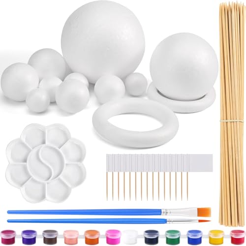 48PCS Solar System Model Foam Ball Kit Includes 10 Sizes Polystyrene Spheres Balls, Bamboo Sticks, Toothpick Flags, 12 Color Pigments, Brushes, Paint Tray Palette for School Science Projects - size: 48 pieces