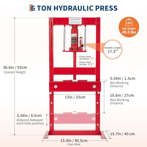 6 Ton h Frame Hydraulic Shop Press, Heavy Duty Garage Floor Press with Adjustable Height, Built in Relief Valve, Professional Grade Car Repair Tool for Bending Straightening Bearings u Joints, Red - size: 6 Ton