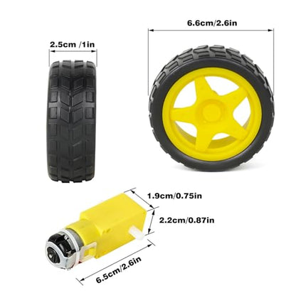 4 Sets TT Motor and Wheels Kit: DC 3V-6V Dual Shaft Gear Motor 200RPM 1:48 Ratio with 65mm Rubber Tires for Arduino Smart Car Chassis, DIY STEM Robotics Projects (No Wires Included)