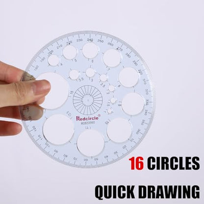 360 Degree Thick Protractor, 16 Circle Templates Drawing Ruler,Blue