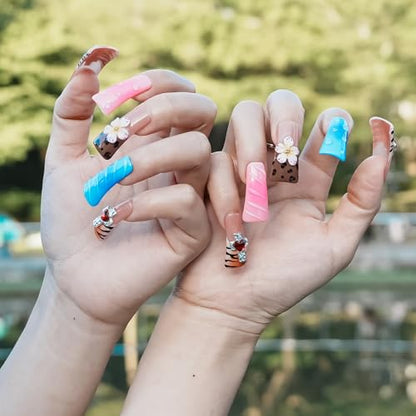 Handmade Press on Nails Long Duck, Tiger Flower Heart Fake Nails | Glossy Multi-Layer Acrylic Finish with Tiger Print Accent, 3D Flower Detail and Cross with Red Heart on Duck Shape, Size S - color: Tame the Wild Heart, size: S