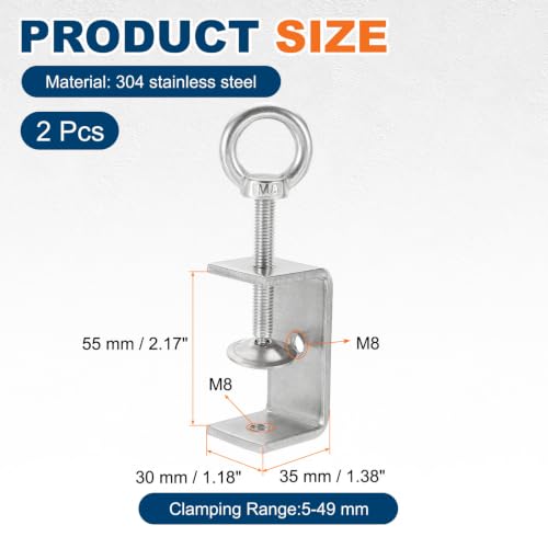 HARFINGTON 2 Pcs 304 Stainless Steel C Clamps 55mm Square Mini Tiger Clamp Adjustable Heavy Duty Metal U Clip with Eye Hook Screw for Woodworking Welding Mounting, Silver - size: 55mm