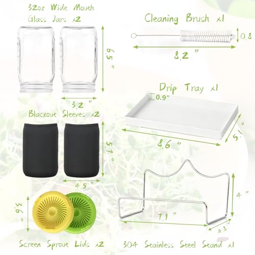 Seed Sprouting Kit - 2×32 Oz Wide-Mouth Mason Jars with Sprouter Lids, Stand, Sprout Tray & Light Shield, for Broccoli, Alfalfa, Mung Beans & Microgreens (Yellow + Green) - color: Yellow + Green