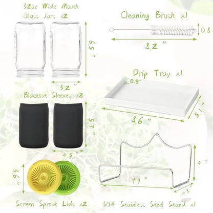 Seed Sprouting Kit - 2×32 Oz Wide-Mouth Mason Jars with Sprouter Lids, Stand, Sprout Tray & Light Shield, for Broccoli, Alfalfa, Mung Beans & Microgreens (Yellow + Green) - color: Yellow + Green