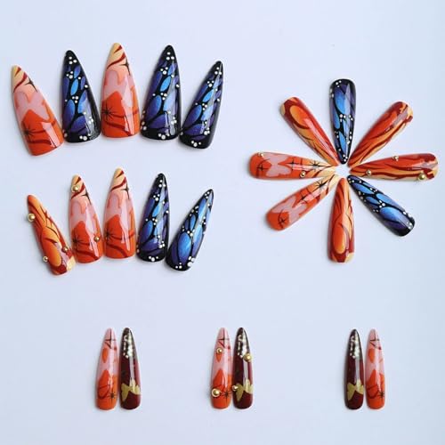 Medium Length Press on Nails Almond Fake Nails Butterfly False Nails with 3D Charms Designs 24Pcs Natural Reusable Acrylic Nails for Women Girls - color: Style31