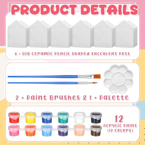 Beeveer 6 Sets Paint Your Own Succulent Planter Ceramic Mini Unpainted Flower Pots Back to School DIY Paintable Succulent Plant Pots for Kids Student Classroom Craft Project Activity - style: Pencil