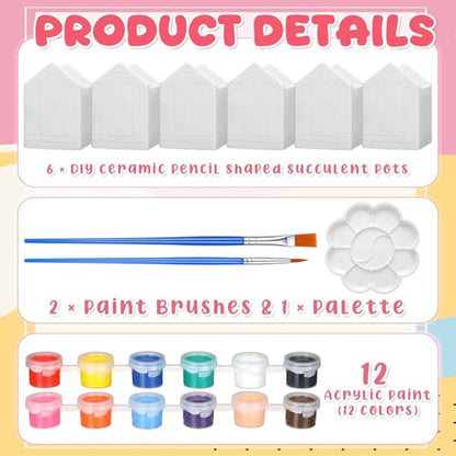 Beeveer 6 Sets Paint Your Own Succulent Planter Ceramic Mini Unpainted Flower Pots Back to School DIY Paintable Succulent Plant Pots for Kids Student Classroom Craft Project Activity - style: Pencil
