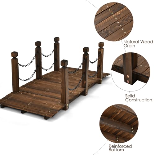 Tangkula 5 FT Wooden Garden Bridge, Arc Footbridge w/Safe Chain Railings, Outside Small Arc Pond Bridge, Decorative Fir Bridge for Landscaping Garden, Pond, Stream, Courtyard, Holds up to 400 LBS