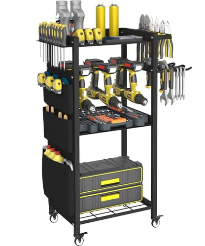 4-Tier Rolling Power Tool Organizer Storage Cart, Garage Organization on Wheels Tool Cart with Drill Set Rack Shelf, Mechanic Utility Cart for Workbench & Outdoors Working, Gift for Men Dad