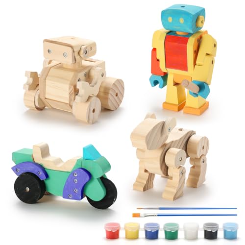 SainSmart Jr. Woodworking Building Kits for Kids, 4-in-1 Wood Building Kits for Kids STEM Projects Set, DIY Arts & Crafts Assembly Toys with Paints & Brushes, Ideal Gift for Boys and Girls