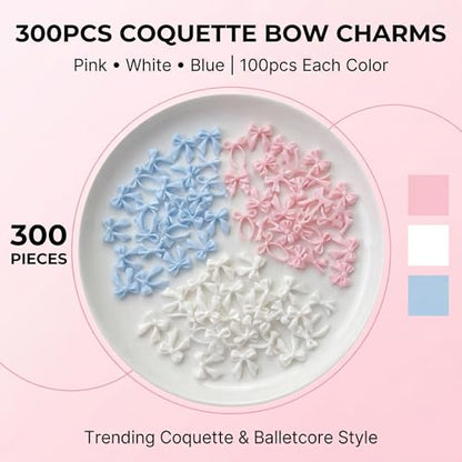 YOJO 3D Bow Nail Charms, Mixed Resin Ribbon Designs, 300pcs Pink White Blue Coquette Aesthetic Charms for Acrylic Nails DIY Crafts - color: Pink,White&Blue
