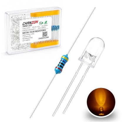 Chanzon 100pcs 5mm Yellow LED Diodes + 100pcs 470Ω 1/4W 1% Resistors Kit - color: G) Yellow, size: 5mm