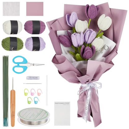 INFUNLY 10 pcs Tulip Crochet Kits for Beginners Complete Flower Crochet Kits for Adults Starters with Instruction and Video Tutorials Crochet Kit Gift for Mother's Day Wedding Birthday - style: Purple Tulips