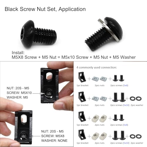 200Pcs 2020 Aluminum Extrusion M5 T Slot Nuts and Bolts Screws 20 Series Extruded Hardware Drop in T Nut Slide Nut M5x8 10mm for 20/20 80 20 2040 T V Slot Black Aluminum Profile Accessories - style: 20 Series Type C