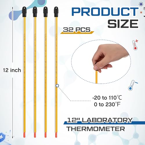 32 Pcs General Purpose Lab Thermometer, Glass, Total Immersion