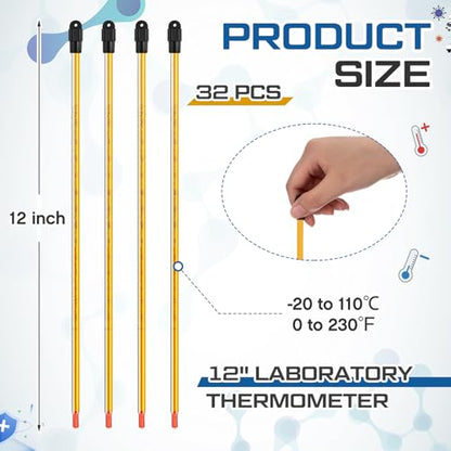 32 Pcs General Purpose Lab Thermometer, Glass, Total Immersion