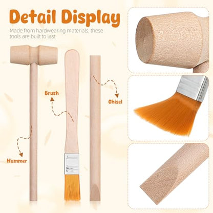 Kids Archaeological Excavation Tools Kit with Wooden Hammer Brush and Chisel - Educational Stem Toy for Rock Digging Pretend Play and Fossil Excavation