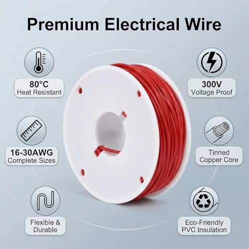26 AWG Stranded Wire Kit, 5 Colors 20m Each, 100m Total PVC Hook Up Wire, Tinned Copper Electronic Wire, 300V 80°C, with Heat Shrink Tubing and Cable Ties - color: Red Black Yellow Blue Green, size: 26AWG