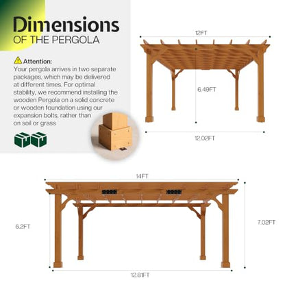 Jocisland 12x14 FT Premium Cedar Wood Pergola with Stakes & Trellis Roof - size: 12x14 FT