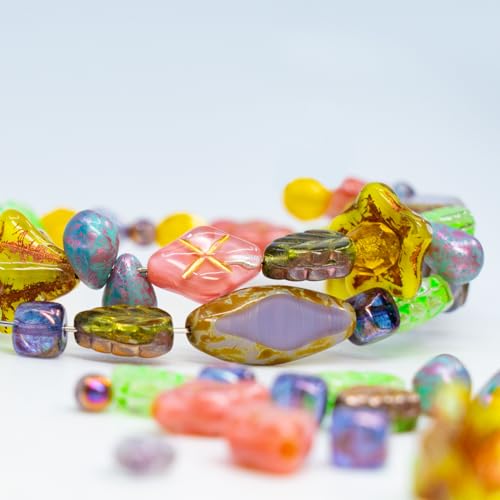 1.4oz (40g) Limited Mix of Czech Glass Beads, Hand Made Set Kit, Purple Spindl Yellow Petunia Glass Beads Mix 001 - color: LMIX 001