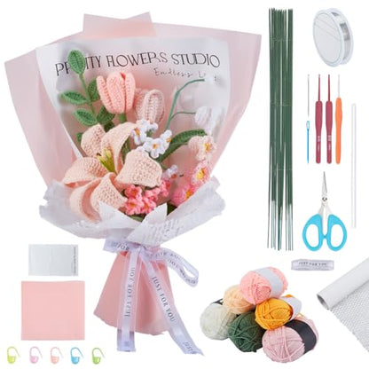 INFUNLY 12pcs/Set Crochet Flower Bouquet Kit Pink Tulip Handmade Crochet Flower Set White Lily Knitted Flowers Making Kit with Yarn Hook Instructions for Women Wedding Graduation Birthday Home - color: Beige White