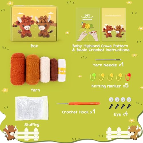 2PCS Highland Cow Crochet Kit for Beginners Crochet Starter Kit for Adults - color: Brown Highland cow