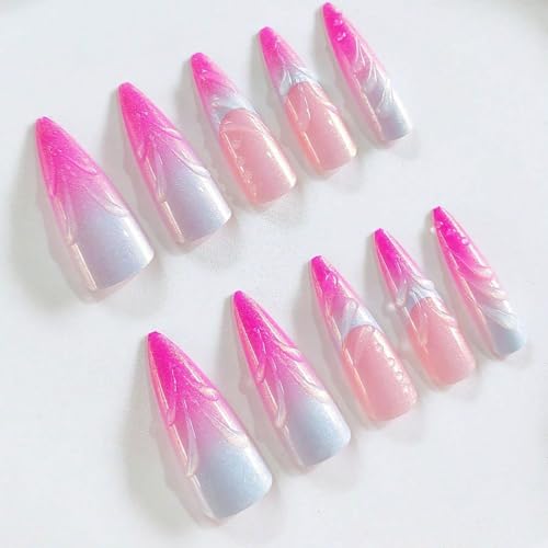 Almond Press on Nails Long Fake Nails Pink French Tip False Nails Purple Ombre Stick on Nail Water drops Swirl Glue on Nails Cute Sparkly Artificial Nail for Women 24Pcs - color: Style02