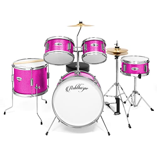 Ashthorpe 5-Piece Complete Kids Drum Set with Genuine Brass Cymbals - Junior Beginner Kit with 16" Bass, Throne, Hi-Hats, Pedals & Drumsticks - Pink - color: Pink