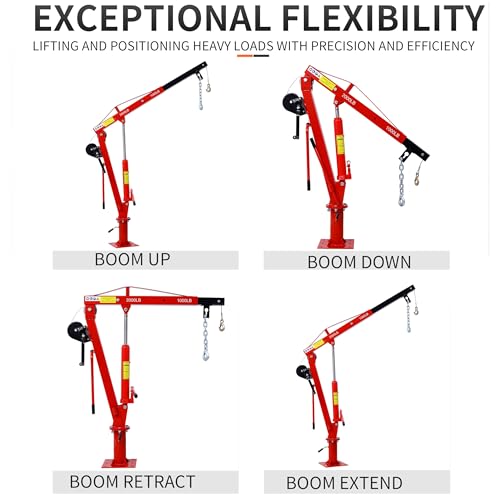Truck Crane Truck Bed Hoist with Hand Winch Pickup Jib Crane 2000 lbs Capacity Hydraulic Extendable Boom 360° Pivot Red - color: Red