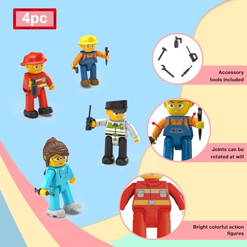 PicassoTiles Magnetic Tiles Action Figures 4 Piece City Characters for Magnet Tile Building Blocks Accessory Add On Pack Construction Block Set Toddler Toy Educational Learning Kit Age 3 and up PTA18 - color: 4 Pcs City Builder