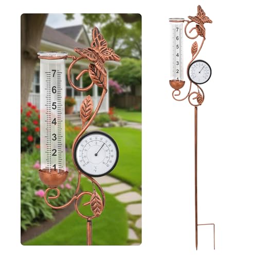 36.5in Butterfly Rain Gauge Thermometer Bronze Metal Garden Stake Decor - color: Bronze Butterfly