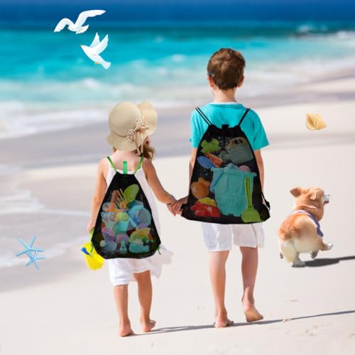 MUYIZI Beach Toy Bag 2 Pack, Mesh Drawstring Backpack for Kids and Adults - Quick Dry Sand Free Mesh Beach Bag, Portable Sand Toy Backpack, Sea Shell Bags, Shelling Collecting Tools, Bags Only (Black) - color: Black